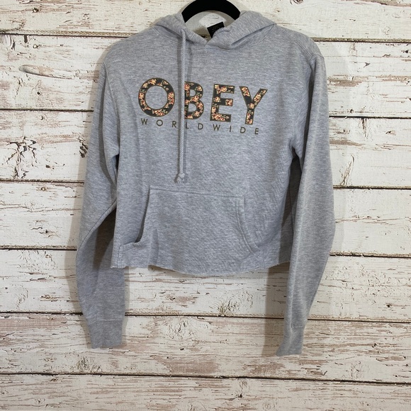 Obey Sweaters - obey gray floral cropped hooded sweater